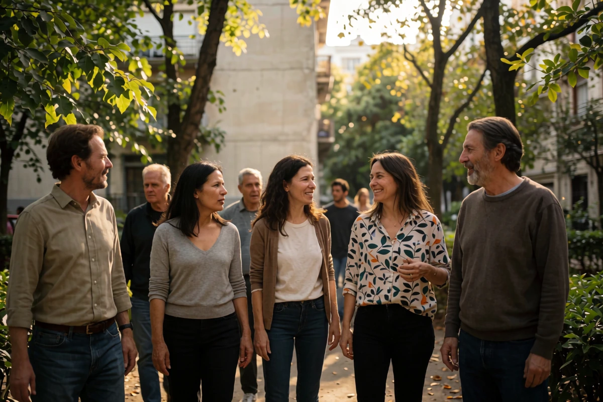 Six adults walk together on a sunlit path beside trees and low buildings