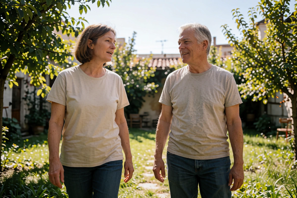 Adults walking together beside trees and low buildings in Argentina