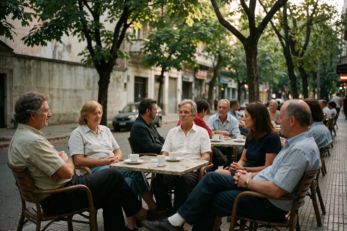Adults sit at outdoor cafe tables along a tree-lined city street