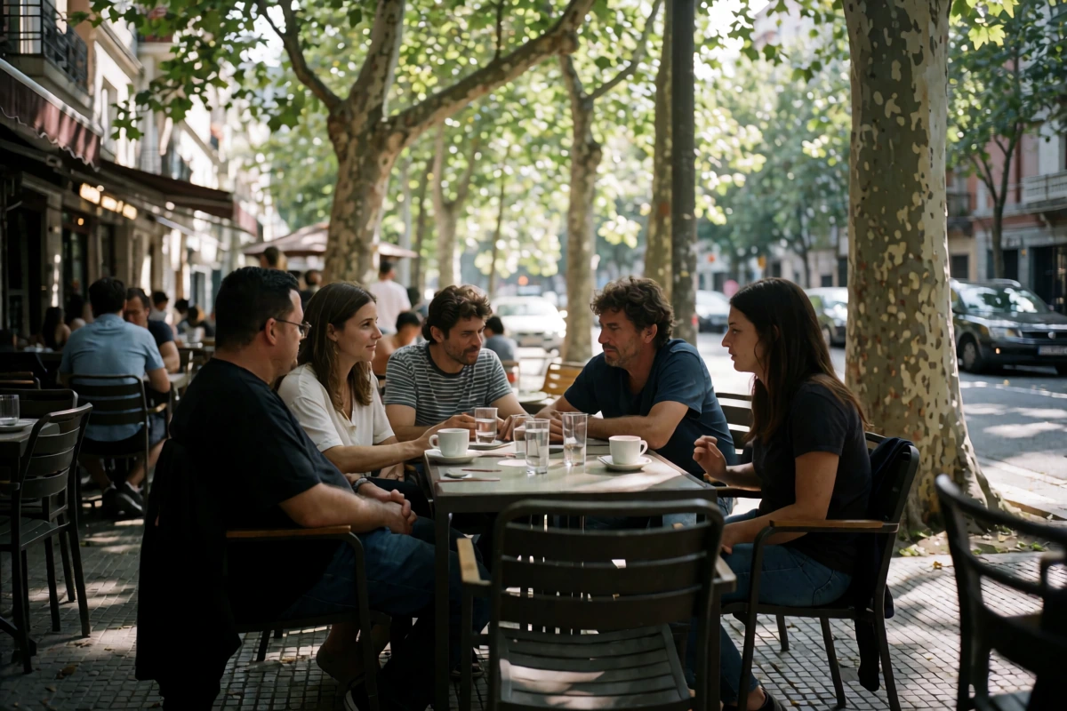 Friends sharing coffee at a sidewalk café under plane trees in Buenos Aires