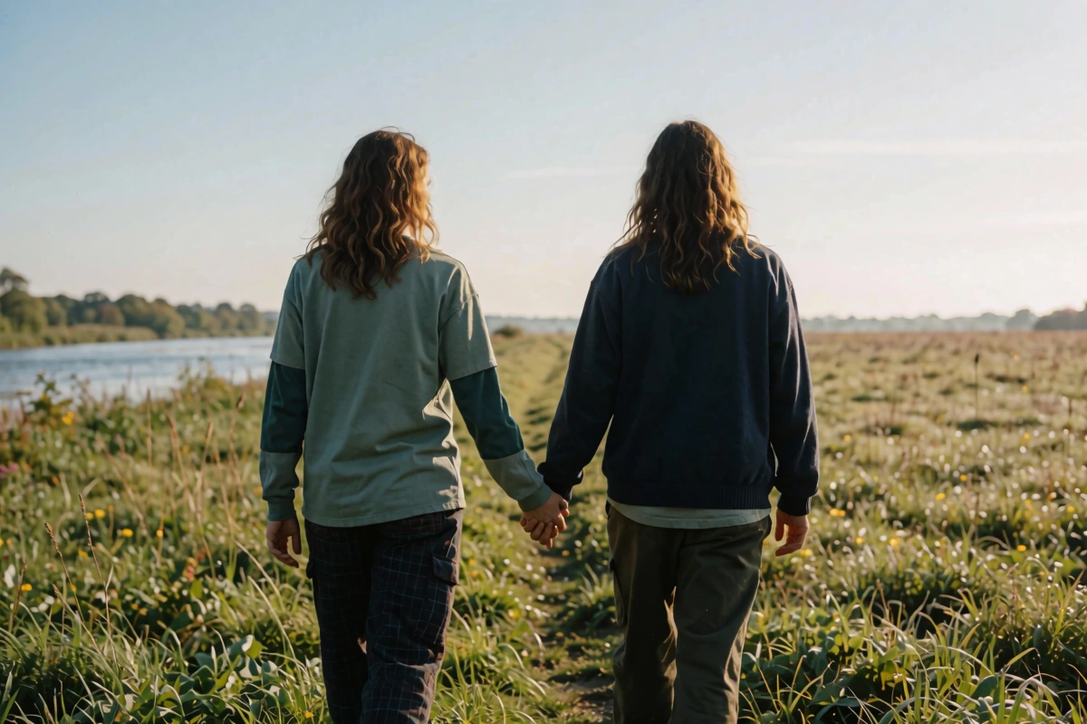 Two people in plain grey shirts walk across sunlit grass toward a tree-lined water edge