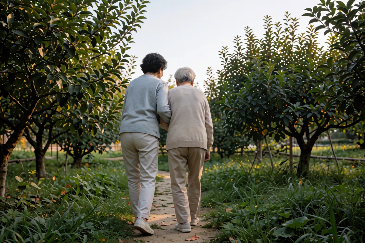 Two people walk together on a garden path while one lightly holds the other person's arm