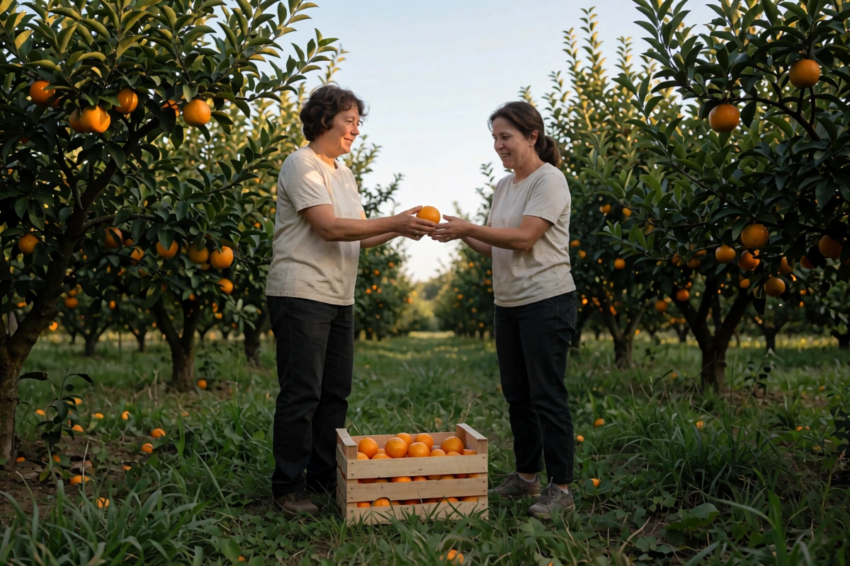 Two people pass an orange above a wooden crate beneath leafy fruit trees