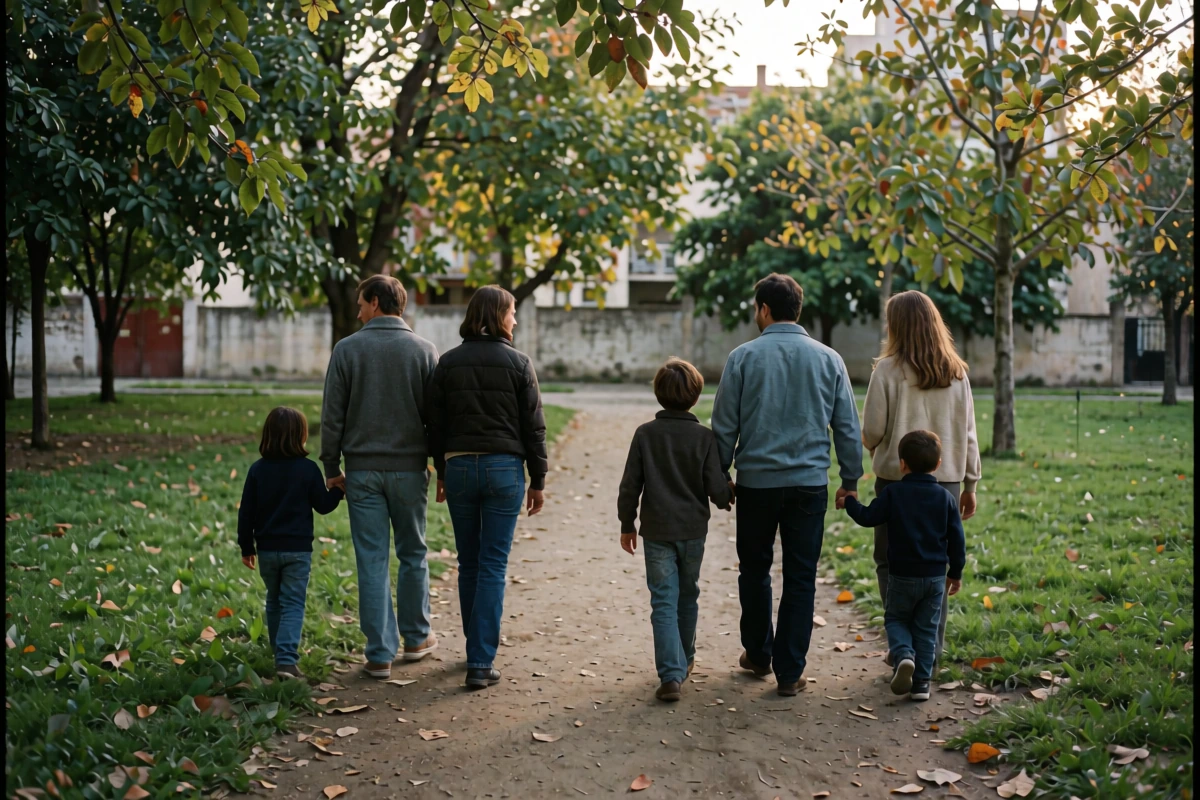 Two adults and a child walk along a leaf-strewn path shaded by trees
