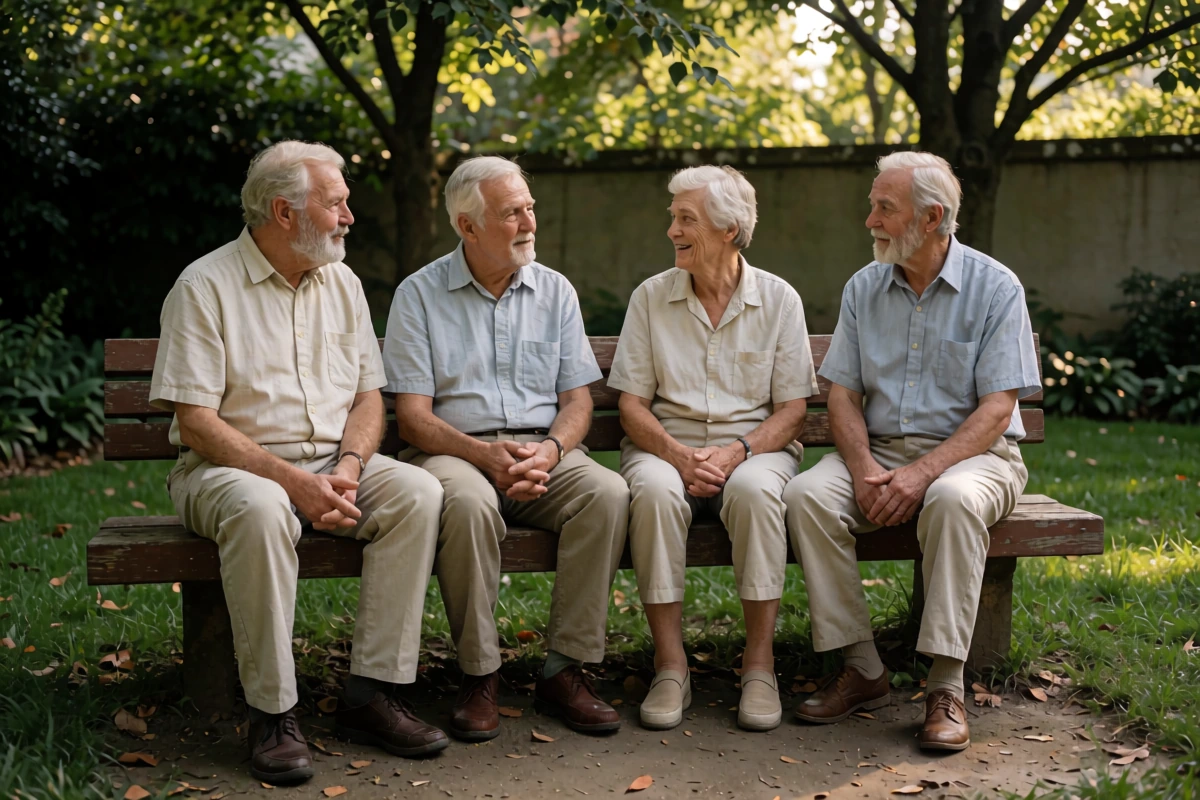 Four older adults sit facing one another on a wooden park bench