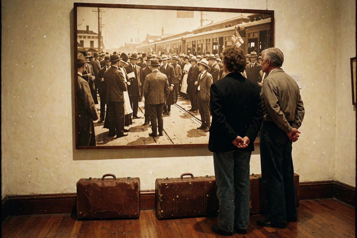 Two adults view a large sepia crowd photograph above three old leather suitcases in a warmly lit gallery